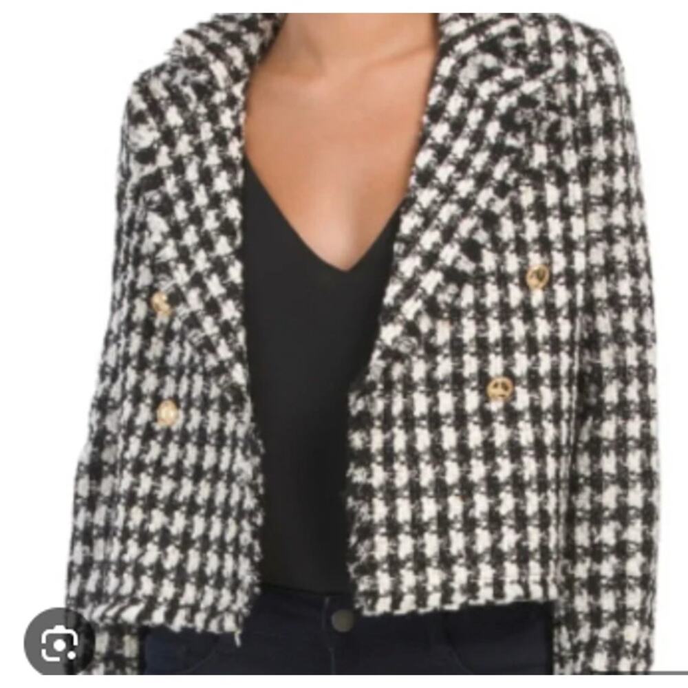 House of Harlow 1960 Houndstooth Tweed Double Breast Cropped Blazer Jacket Wool